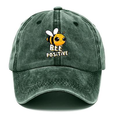 "TEMU Vintage-inspired "bee Positive" Graphic Baseball Cap For Outdoor Activities - Non-stretch Viscose, Hand Washable, Ideal For Fishing, Camping, And Casual Wear, | Vintageinspired Cap | Headgear" Image