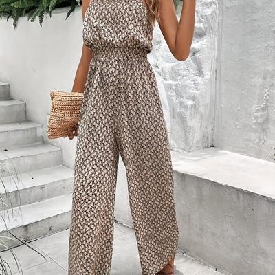 TEMU Women's Elegant Floral Print Halter Neck Maxi Jumpsuit - Backless, Button-, Spring/summer, Casual Yet Stylish Attire, Casual Attire|floral Print Jumpsuit|backless Design Image