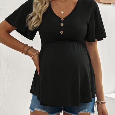 TEMU Women's Maternity Casual V-neck Short Sleeve T-shirt - Black With Beige Button Detail, Breathable Summer Top, Machine Washable, Regular Fit For Everyday Image