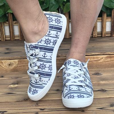 TEMU Women's Nautical Anchor Print Slip-on Sneakers - Navy Casual Shoes With Soft Fabric Lining & Durable Pu Sole, For Casual Attire Image