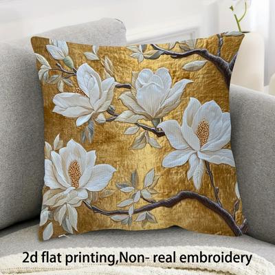 TEMU 2d Flat Printing 1pc Two-side18x18inch Non-real Embroidery Magnolias On Cloth Without Embroidery Suitable For Sofa, Living Room, No Pillow Core Ppuai0455, 2d Flat Image