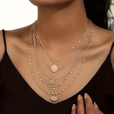 TEMU -chic Elegant Multi-layered Copper Necklace With Pendants - No Mosaic, For Daily & Gift Image