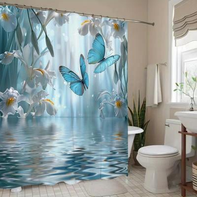 TEMU Open 1pc Blue And White Floral Polyester Shower Curtain Home Decor Printed Curtain No-hole Bathroom Divider Image
