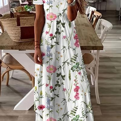 TEMU Women's Spring Summer Casual V-neck Floral Print A-line Dress With Lace Trim - Machine Washable Lightweight Breathable For Vacation, & Beach , Cute Summer Dresses Image