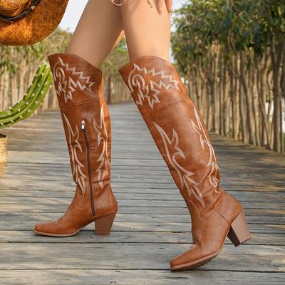 TEMU Women' Brown Over-the-knee Western Boots - Pointed Toe Chunky Heel With Zipper Closure, Pu Synthetic Cover & Tpu Sole, Casual Boots For Women, Cowgirl Boots, Versatile Fashion Footwear Image