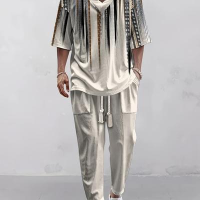 TEMU V-neck Short-sleeved 3d Printed T-shirt And Nine-inch Pants Summer Casual Suit For Men Image