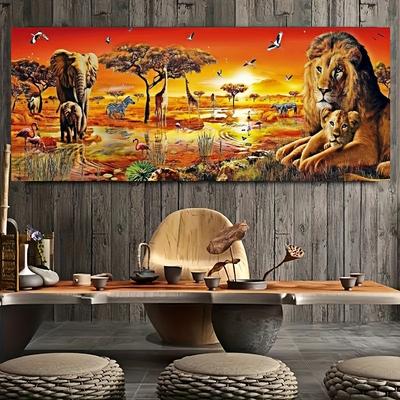 TEMU A Set Of 5d Painting Kits, Round Diamonds, Frameless, Featuring Animal Scenes On (elephants, , Giraffes, , Flamingos, Egrets), Suitable Home Decoration Image