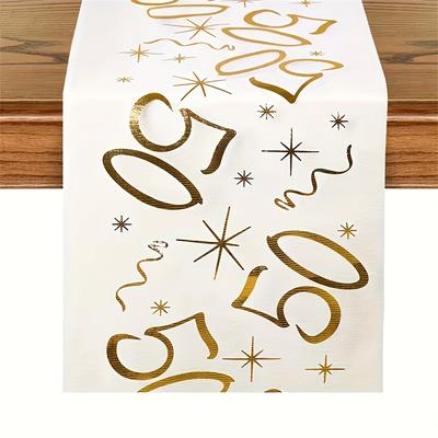 TEMU Golden 50th Birthday Table Runner With Stars & Swirls - Elegant Polyester Dining Decor For Milestone Celebrations, , Mother’s Day, And Special Occasions, Birthday Table Decorations Image