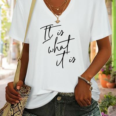 "TEMU Women's Soft V-neck Short Sleeve T-shirt - Black With Golden " What " Print, Casual Fit, Lightweight Rayon Blend Fabric For Spring/summer/fall, Ladies T Shirts" Image