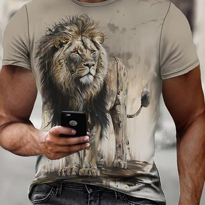 TEMU Men's Summer Casual Short Sleeve T-shirt With Hd Lion Print - Breathable Round Neck Tee For Outdoor Sports & Gym, Machine Washable Regular Fit Image