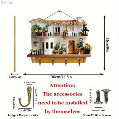"TEMU 2d Plane, 1pc, Sunflower Cottage, Wooden Multifunctional Home Key Hanger (11.8"x9"), With 4 Metal Hooks, Wall Decoration, Porch Decoration, Room Decoration, Villa Decoration, Home Decoration" Image
