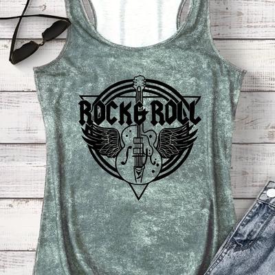 TEMU Women's Rock & Roll Guitar Graphic Print Tank Top, Casual Crew Neck Sleeveless Vest With Applique Detail, Stretch Fabric, Wear, Guitar T Shirt Image