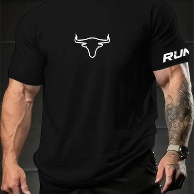 TEMU Mbdmbd Men's Casual Graphic T-shirt With Run Print & Balance Text - Breathable Regular Fit Short Sleeve Tee For Summer, Gym, Sports & Casual Attire, , Image