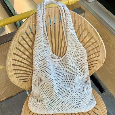 TEMU Large Capacity Crochet Shoulder Bag - Light Brown/beige, Breathable Polyester, Open , Casual Summer Beach Tote With Fixed Strap, Shopping Or Vacation, Beach Bag Accessories Image