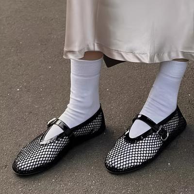 TEMU Women's Chic Minimalist Flats With Adjustable Strap, Breathable Mesh Design - Versatile Shoes, Black & White Options, Casual Footwear | Strap Shoes | Breathable Construction Image