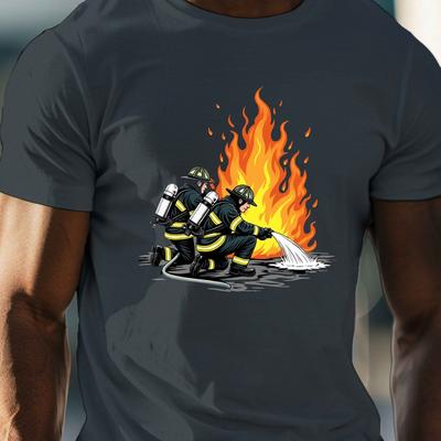 TEMU Firefighters Print, Men's Round Crew Neck Short Sleeve Tee, Casual T-shirtcasual Comfy Lightweight Top For Summer Image