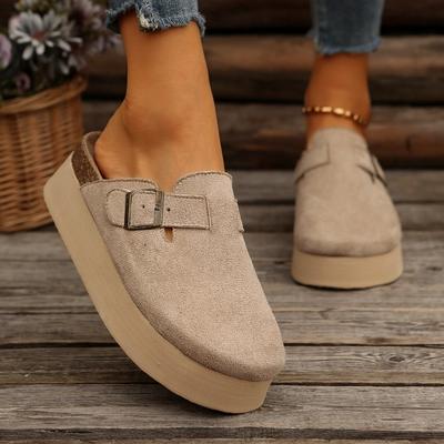 TEMU Women's Fashionable Platform Mules - Casual Thick Sole Slip-on Shoes With Detail, , Rubber Sole, Fabric Upper, Casual Footwear | Platform Heel Mules | Comfortable Footwear Image