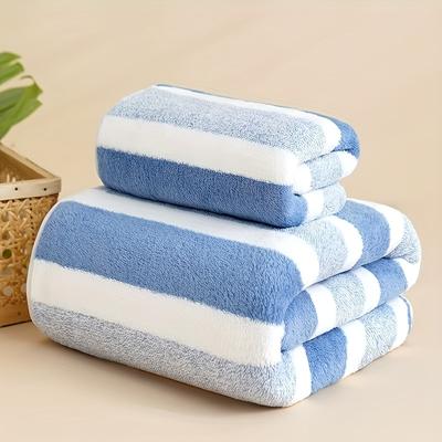 TEMU Super Soft Striped Coral Fleece Towel Bath Towel Set, Large Bath Towel Absorbent Thick Set - Strong Absorbency, Absorbent Suitable For Swimming Pool, Bathroom, Gym, , Valentine's Day Day Gift Image