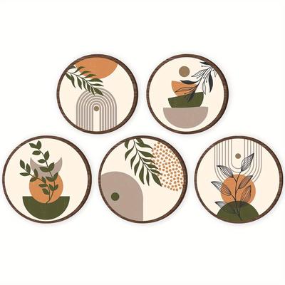 TEMU 5pcs Bohemian Wall Art Set, Wooden Signs With Leaf Designs For Farmhouse Decor, Geometric Wood Art For Modern Living Room, Bedroom, And Kitchen Image