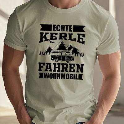 TEMU Men's Casual German Camping Graphic T-shirt - Short Sleeve, Summer Style, Beige With , & , Lightweight & Breathable Fabric, , | Shirt | Machine Washable Top Image