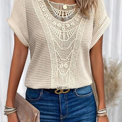 TEMU Women's Elegant Batwing Sleeve Blouse - Breathable Semi-sheer Lace Trim Pullover Top, Relaxed H-, Machine Washable Shirt, Versatile Fashion, Delicate Detailing Image