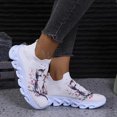 TEMU Women's Lightweight Slip-on Sneakers With Cute Cat & Floral Print - Casual Running Shoes, Eva Sole, Fiber Lining, Breathable Fabric Upper, Hand Washable, Low- For , Cute Shoes Image