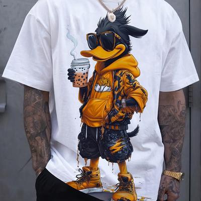 TEMU 1pc Men's Cool Duck Graphic Print T-shirt- 100% Cotton Pre- Fabric, Slightly Stretchy Round Neck Short Sleeve Tee For Casual Wear, Streetwear& Outdoor Activities, Shirt| Durable Cotton Shirt Image