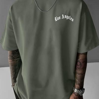 TEMU Men's Navy Blue Los Angeles Graphic T-shirt - Casual Loose Fit Short Sleeve Tee For Casual Attire, Summer Style, Polyester Blend, Round Neck Design Image