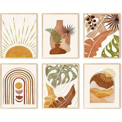 TEMU 6pcs Chic Abstract Wall Art Prints Set, Minimalist Monstera Palm Geometric Patterns, Mid-century Modern Posters For Bedroom, Living Room, Bathroom, Gallery Decor Image