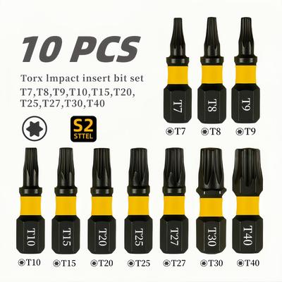 TEMU 25mm 1-inch Torx Impact Bit Set, 10x (t7, T8, T9, T10, T15, T20, T20, T25, T30, T30, T30, T30, T40) With 80/120mm Shaft - Durable Metal Construction, Secure Torx Head Style, No , Torx Accessories Image