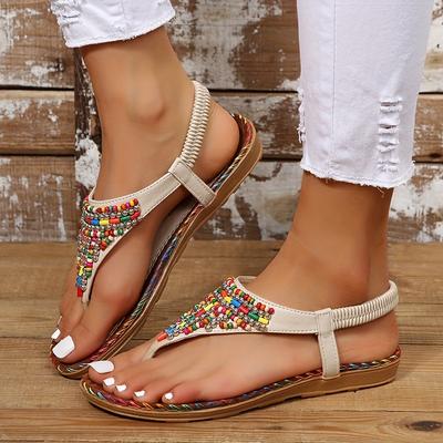 TEMU Women's Bohemian Beaded Slide Sandals - Colorful Open-toe Flat With Elastic Band, Braided Strap & Decorative Beads, Summer Casual Wear, Beach Sandals | Colorful Flipflops | Rubber Sole Sandals Image