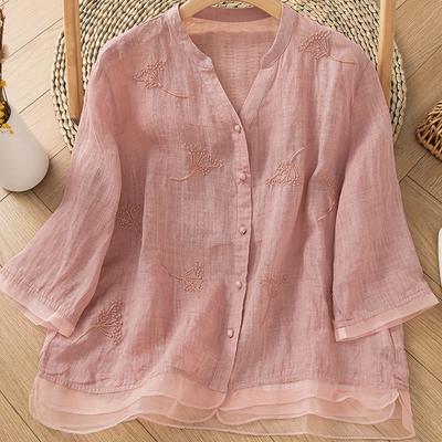 TEMU Women's Vintage Bohemian Floral Embroidered Blouse - Soft Pink Long Sleeve Shirt With Collar, Machine Washable Non-see-through Fabric For Spring Summer Fall Casual & Formal Wear, Ladies Blouses Image
