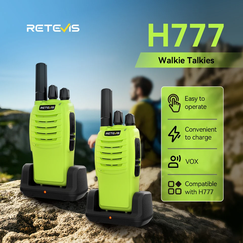 Retevis H777 Green Walkie Talkie Portable PMR446 FRS Two-way Radio VOX Rechargeable Type-C Walkie Talkie for Camping Hiking 2pcs