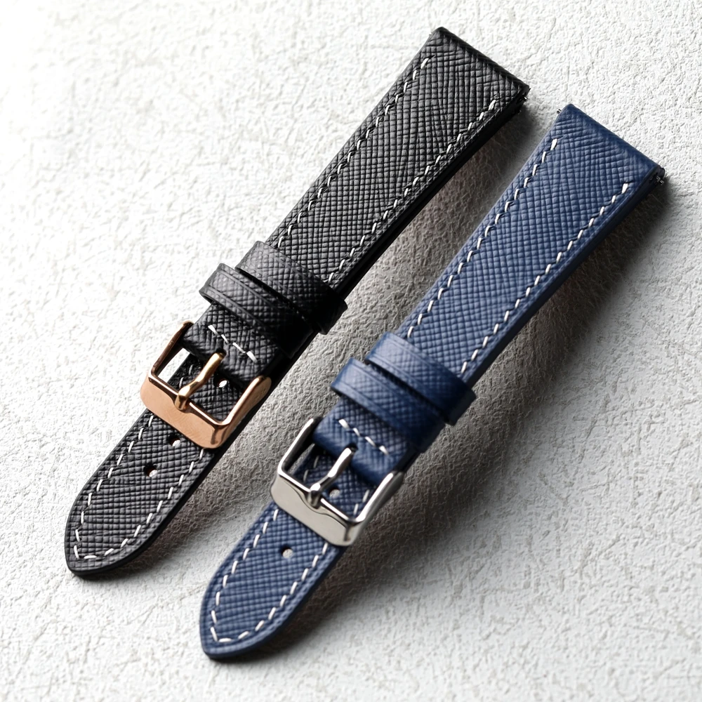 Handgefertigtes italienisches Rindslederarmband mit Kreuzmuster, 18 mm, 19 mm, 20 mm Schnellverschluss, S.M-Größenarmband, blau-schwarzes Lederarmband