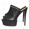 Olomm handgemachte Damen-Sommer-Plateau-Pantoletten-Sandalen, sexy Stiletto-Absätze, Peep-Toe, elegante schwarze Partyschuhe, Größe 35 47 52