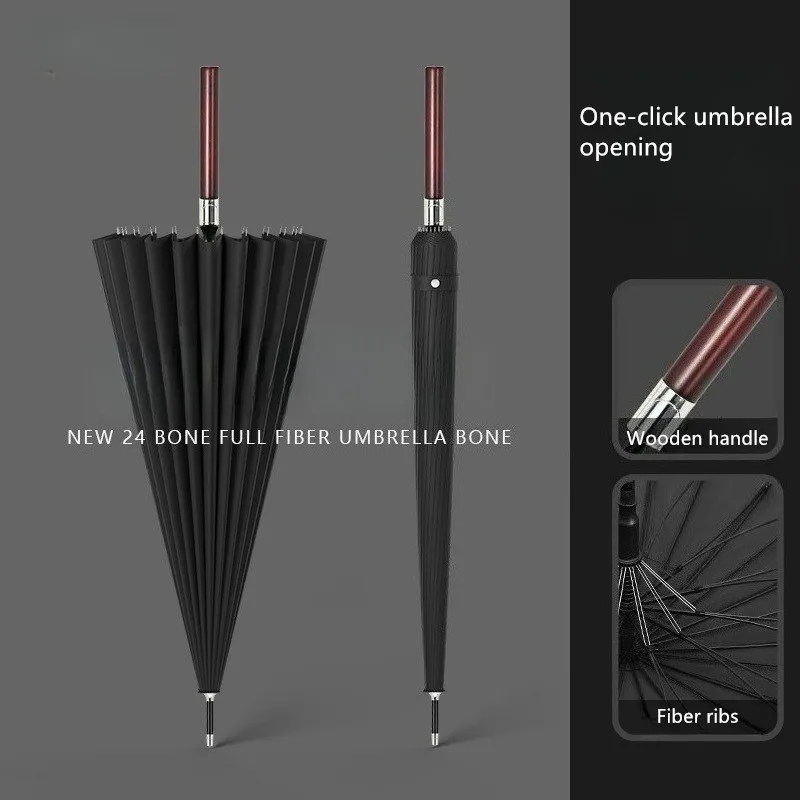 24-Knochenfaser-Regenschirm mit Lotusknochen-Holzgriff, hochwertiger Business-Regenschirm für Herren, verdickt, stark, gerade, mit langem Griff Image