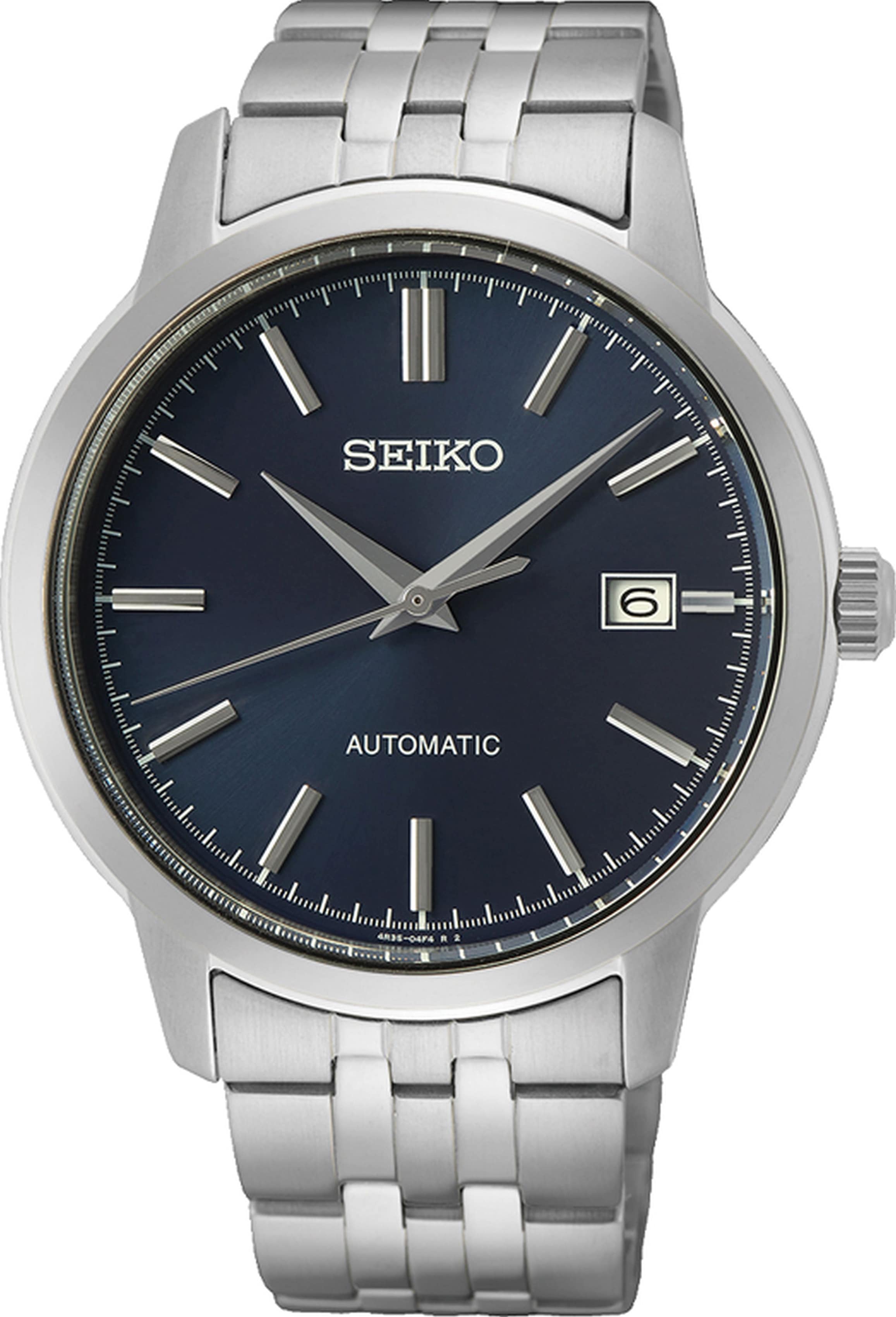 Automatikuhr SEIKO, silber (silberfarben, dunkelblau), Armbanduhren, Herren, Armbanduhr, Herrenuhr, Datum, Edelstahlarmband Image