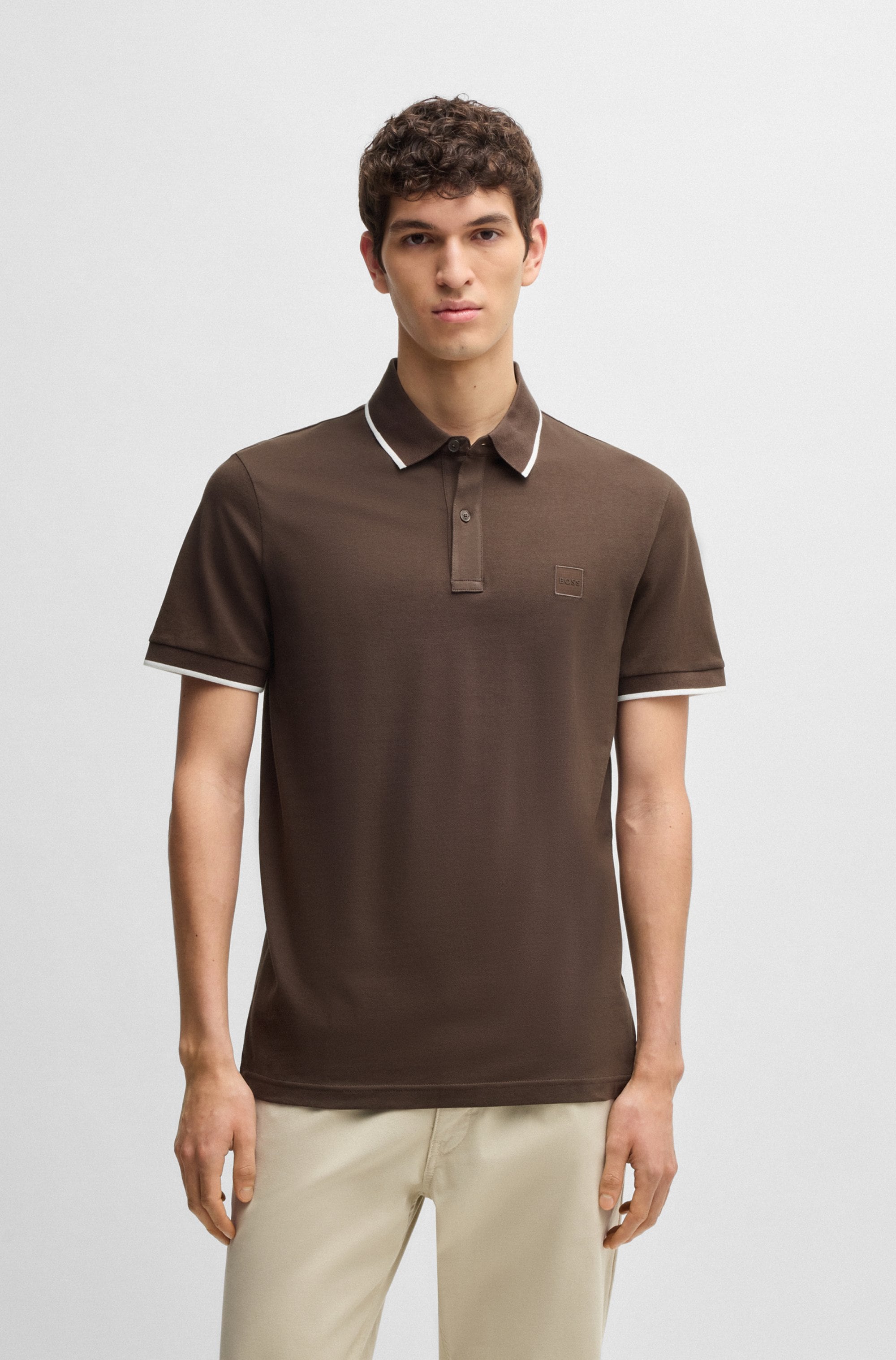 Poloshirt BOSS ORANGE "Passertip", Herren, Gr. XL, braun (open braun248), Piqué, Obermaterial: 95% Baumwolle, 5% Elasthan, unifarben, slim fit hüftbedeckend, V-Ausschnitt, eingesetzt Bündchen, Shirts, mit BOSS Logo-Badge