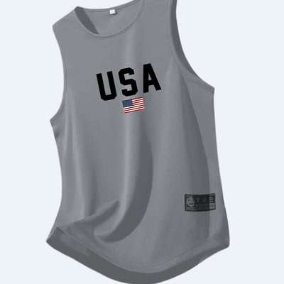 TEMU Men's Quick-dry Athletic Tank Top - Lightweight, Breathable Polyester With Usa Flag Graphic, Sleeveless Shirt For Sports, Casual & Fitness, Dark Green, Workout Shirts Image