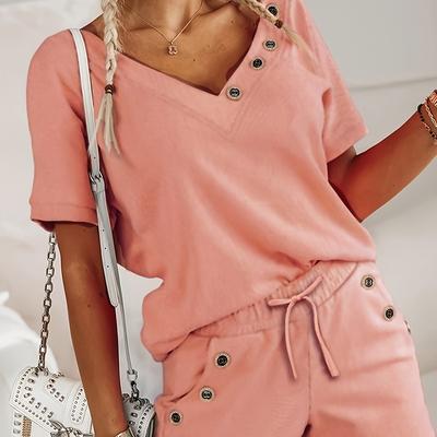 TEMU Women's Casual Tie-dye Short Sleeve Shorts Set - Soft Polyester Blend, V-neck, Button Detail, Tie-waist Design, Relaxed Fit For Casual Attire Image