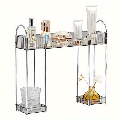 TEMU Versatile Bathroom Organizer - Amber, Grey & Green Plastic Storage Rack For Cosmetics And Toiletries, 2-tier Countertop Shelf, Shelves Image