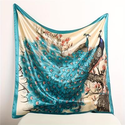 "TEMU 35" Peacock Print Elegant Classic Satin Square Scarf Vintage Shawl Women's Headscarf Travel Beach Towel" Image