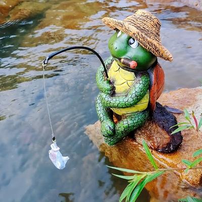 TEMU Resin Turtle Fishing Set, With Cowboy Hat And Rod, Decoration, Suitable For Fish Tanks, , Waterfalls And Image