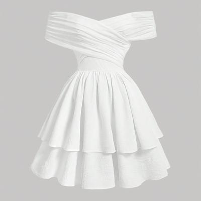 TEMU Women's Sleeveless Off-shoulder Pleated Midi Dress - Elegant And Flare Dress For , Holiday, And Formal Events, Versatile Dress | Offshoulder Fashion | Ruched Detailing Image