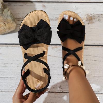 TEMU Women's Elegant Flat Sandals With 3d Floral Accents & Bow Detail - Adjustable Ankle Straps, Breathable Fabric Upper, Comfortable Rubber Sole - Summer Casual Shoes For Beach, , Parties Image