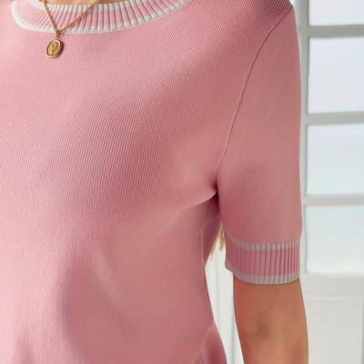 TEMU Women's High Elasticity Round Neck Short Sleeve Top - Casual Color-, Soft Contrast, Fit, Versatile Fashion, Contrast , Image