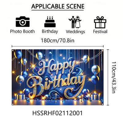 TEMU 1pc, Blue And Golden Happy Birthday Banner, 70.8in .3in, Polyester, No Electricity Needed, Multipurpose Party Decoration For Family Celebration And Surprise Events Image