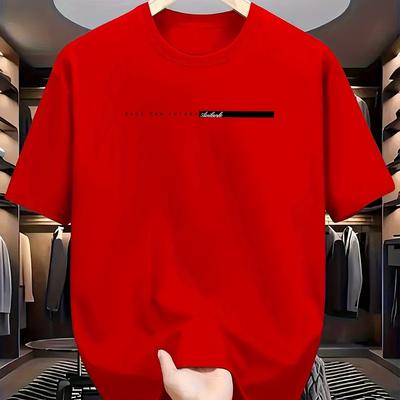 TEMU Men's Casual Short Sleeve T-shirt - Breathable Quick-dry Fabric, Vibrant Red With Black Inspirational Print, Regular Fit Round Neck Summer Tee, Machine Washable, Comfortable Image