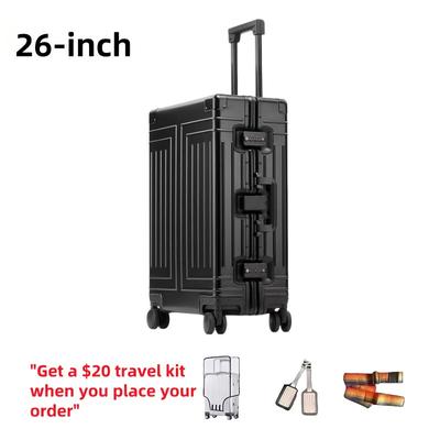 TEMU 20-inch Black Aluminum Suitcase With Tsa Combination Lock, Telescopic Handle, And Spinner Wheels - Durable, Lightweight, And For Secure Travel, Luggage For Travel Image