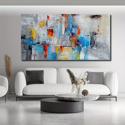 TEMU Hand-painted Abstract Canvas Art, Modern Gray Blue Red Line Painting, , Wall Decor For Living Room, Bedroom, Dining Room, Image